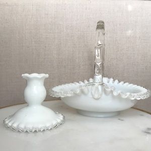 Vintage Fenton ‘Silver Crest’ Lot | Large Divided Basket and Candle Holder